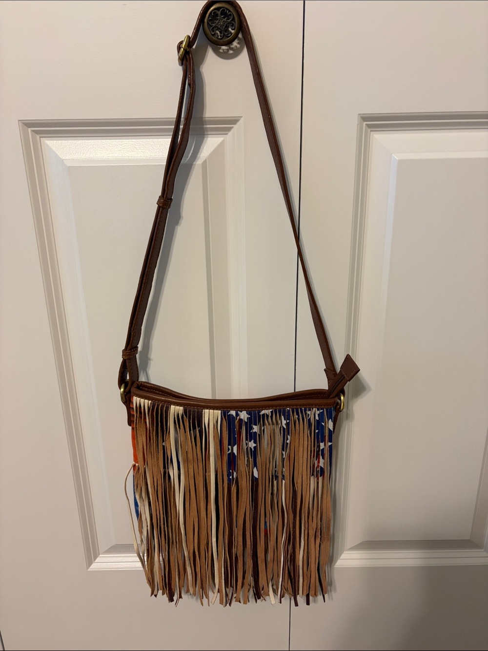 Sharif Artistic Expressions Hand painted Americana Leather Crossbody W/Fringe